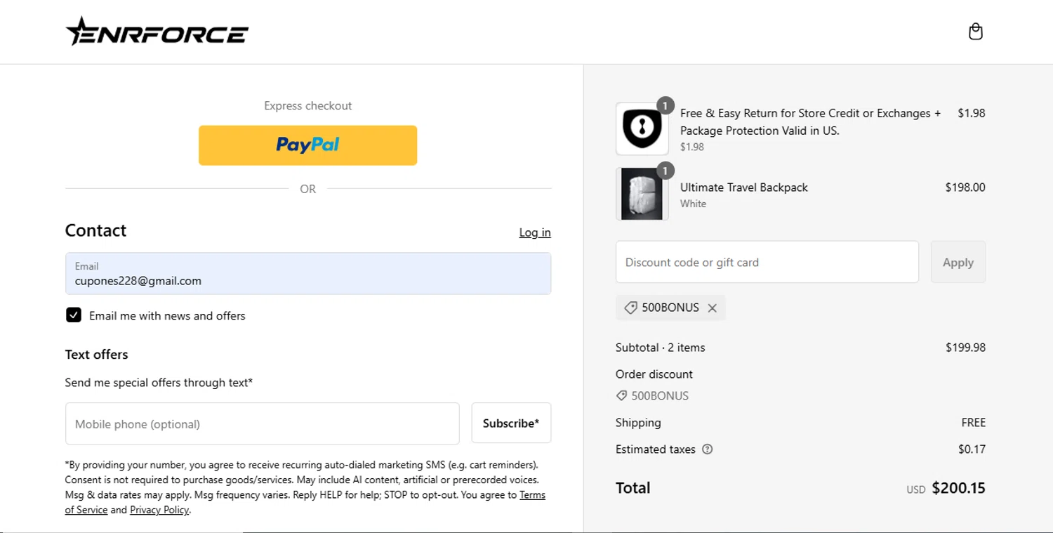 ENRFORCE discount code screenshot showing code 500BONUS applied at ENRFORCE checkout page. Uploaded by SimplyCodes community member Eduard on Feb 6, 2025