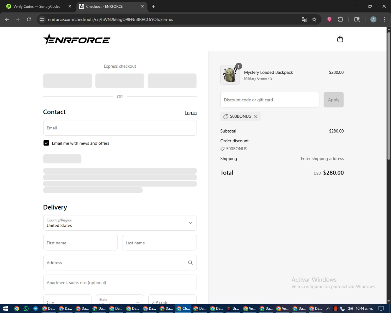 ENRFORCE discount code screenshot showing code 500BONUS applied at ENRFORCE checkout page. Uploaded by SimplyCodes community member trippieredd on Sep 8, 2025