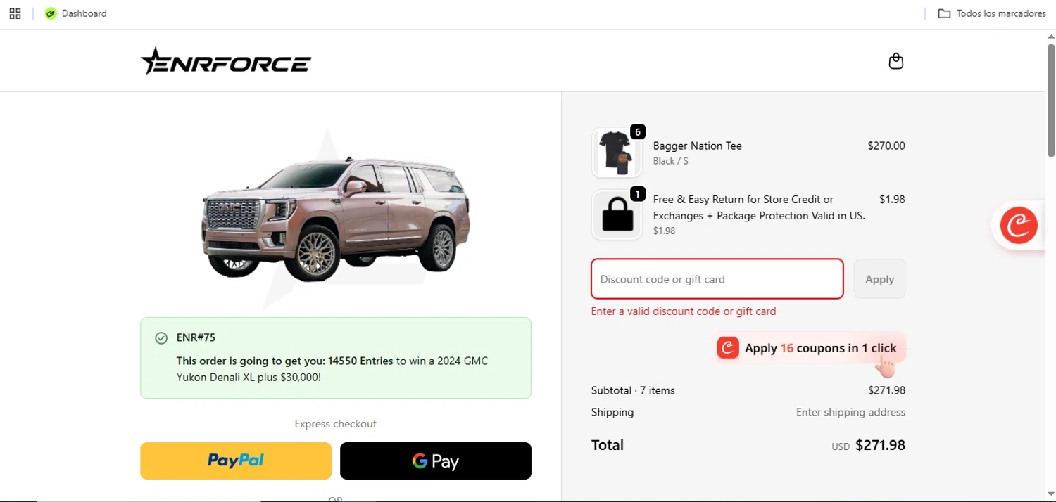 ENRFORCE discount code screenshot showing code FORDSIXFO applied at ENRFORCE checkout page. Uploaded by SimplyCodes community member Speedy on Feb 13, 2026