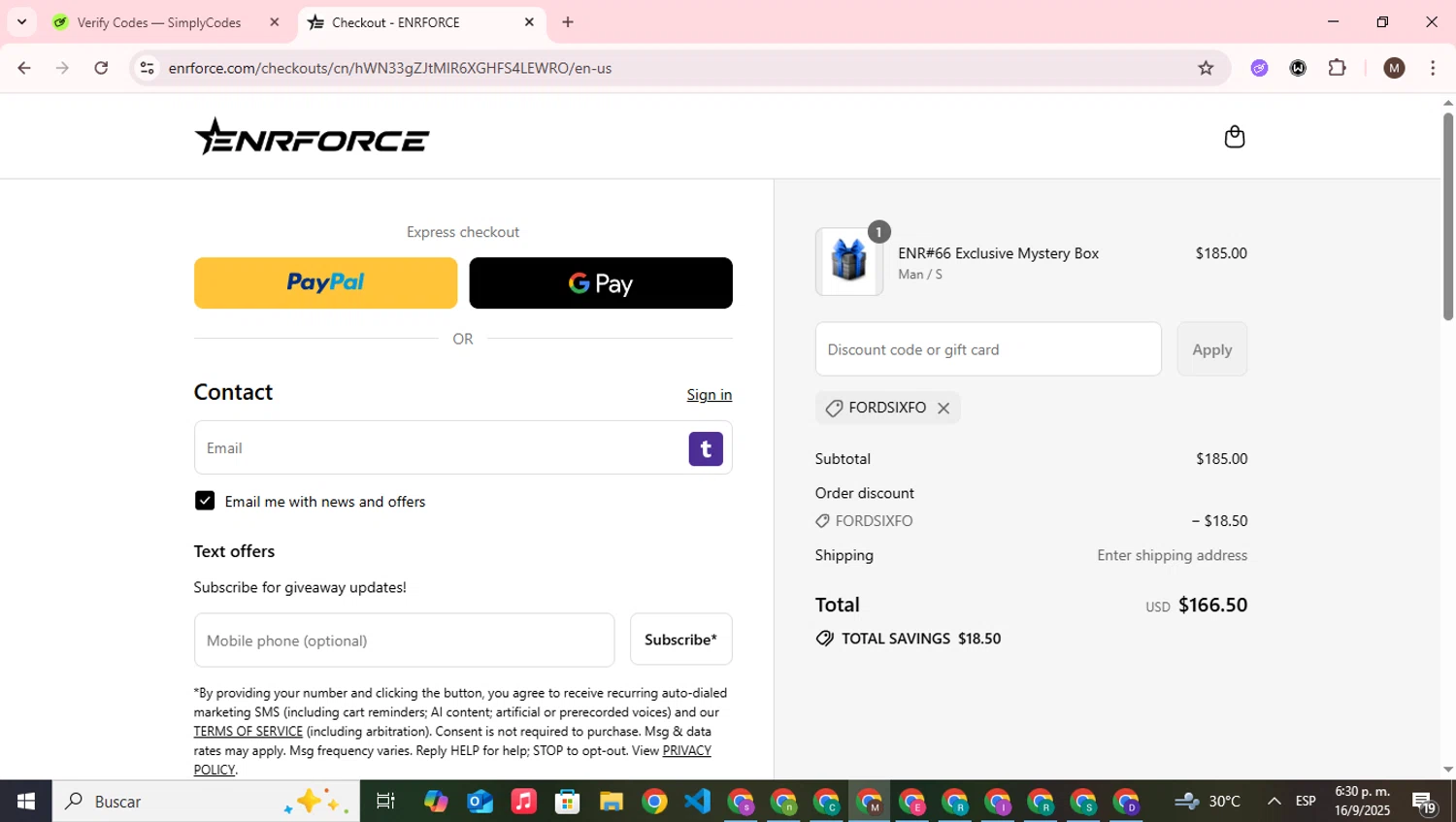 ENRFORCE discount code screenshot showing code FORDSIXFO applied at ENRFORCE checkout page. Uploaded by SimplyCodes community member WonderWizard9060 on Sep 16, 2025
