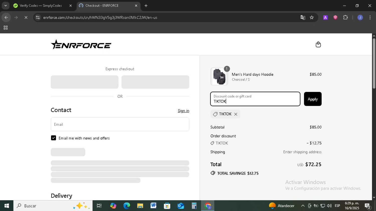 ENRFORCE discount code screenshot showing code TIKTOK applied at ENRFORCE checkout page. Uploaded by SimplyCodes community member EpicSage3474 on Sep 16, 2025