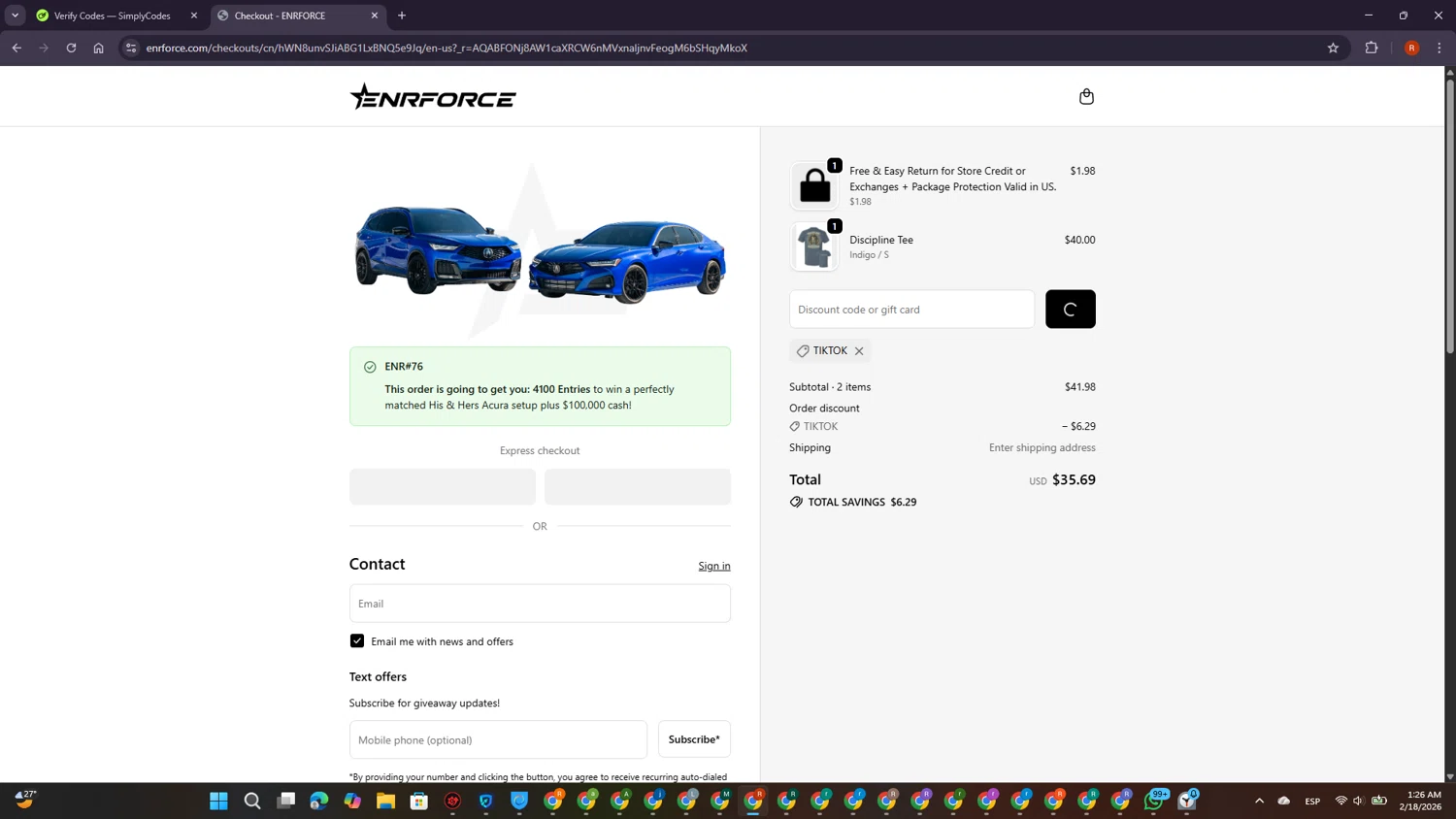ENRFORCE checkout page showing ENRFORCE discount code box | Screenshot taken by SimplyCodes community member on Feb 18, 2026