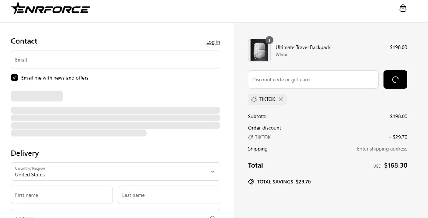 ENRFORCE discount code screenshot showing code TIKTOK applied at ENRFORCE checkout page. Uploaded by SimplyCodes community member RebateWizard4874 on Jun 18, 2025