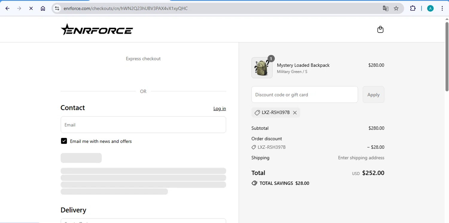 ENRFORCE discount code screenshot showing code LXZ-R5H397B applied at ENRFORCE checkout page. Uploaded by SimplyCodes community member AlexSierra on Aug 31, 2025