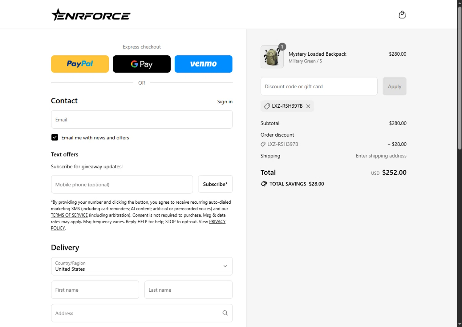 ENRFORCE discount code screenshot showing code LXZ-R5H397B applied at ENRFORCE checkout page. Uploaded by SimplyCodes community member SwiftTracker8156 on Sep 12, 2025