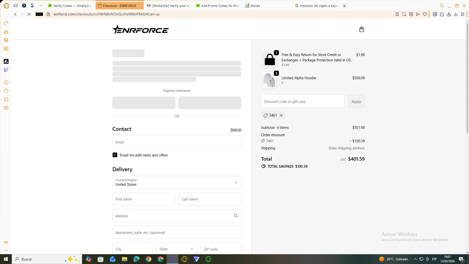 ENRFORCE checkout page showing ENRFORCE discount code box | Screenshot taken by SimplyCodes community member on Feb 13, 2026