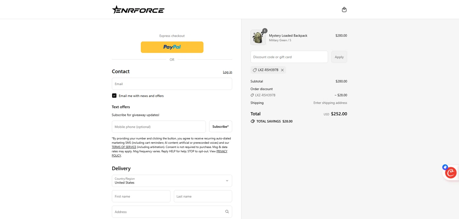 ENRFORCE discount code screenshot showing code LXZ-R5H397B applied at ENRFORCE checkout page. Uploaded by SimplyCodes community member Dorothy on Aug 13, 2025