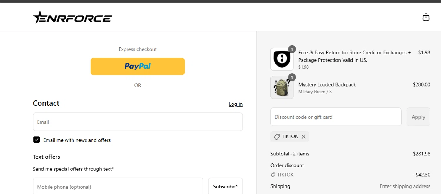 ENRFORCE discount code screenshot showing code TIKTOK applied at ENRFORCE checkout page. Uploaded by SimplyCodes community member ashe1986 on Jun 18, 2025