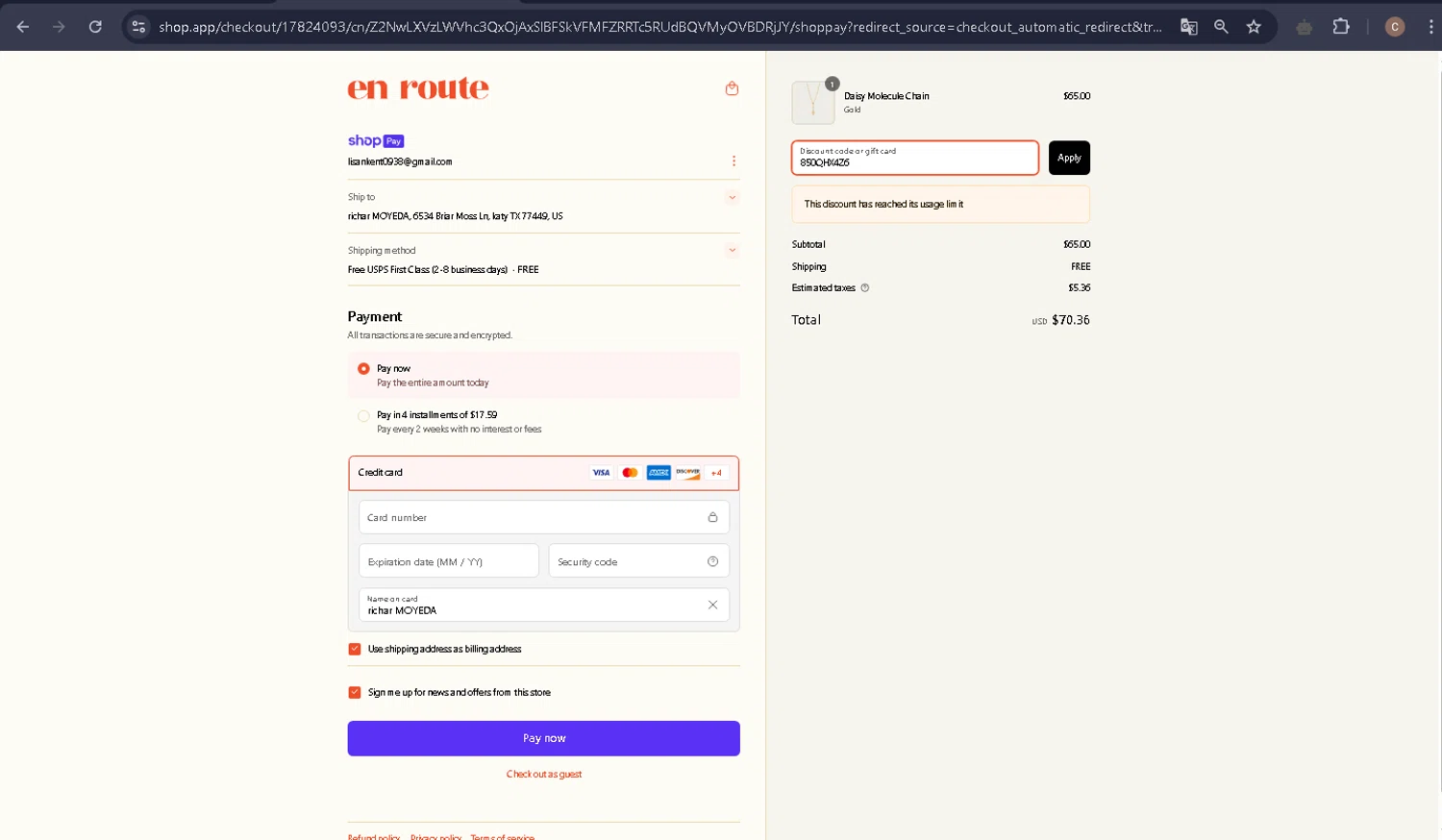 En Route Jewelry discount code screenshot showing code 850QHX4Z6 applied at En Route Jewelry checkout page. Uploaded by SimplyCodes community member carlosra07 on Mar 16, 2025