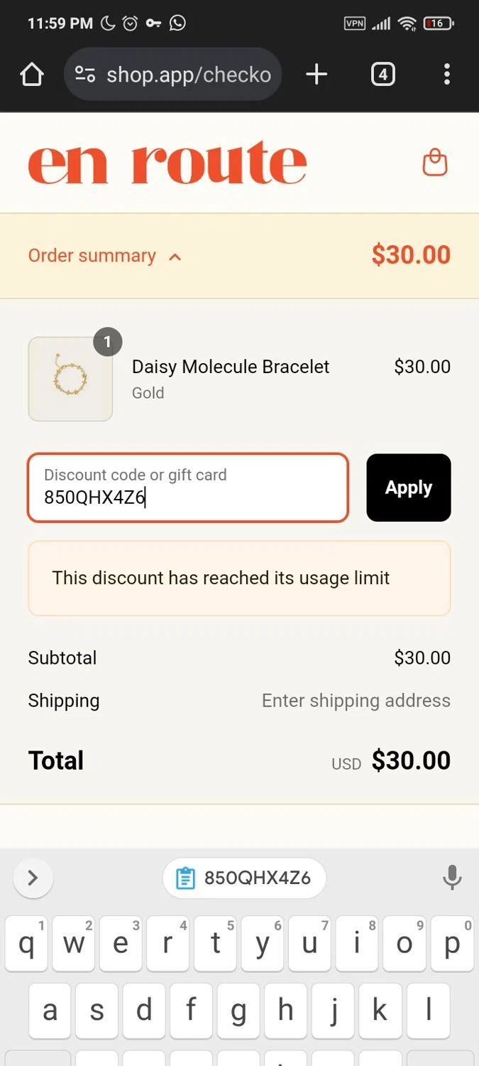En Route Jewelry discount code screenshot showing code 850QHX4Z6 applied at En Route Jewelry checkout page. Uploaded by SimplyCodes community member PromoMaven605 on Mar 16, 2025