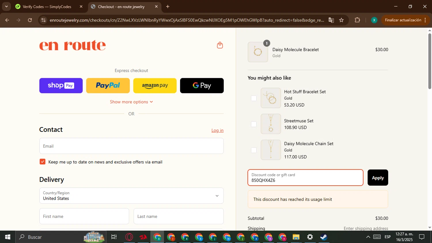 En Route Jewelry discount code screenshot showing code 850QHX4Z6 applied at En Route Jewelry checkout page. Uploaded by SimplyCodes community member BonusWarden6019 on Mar 16, 2025