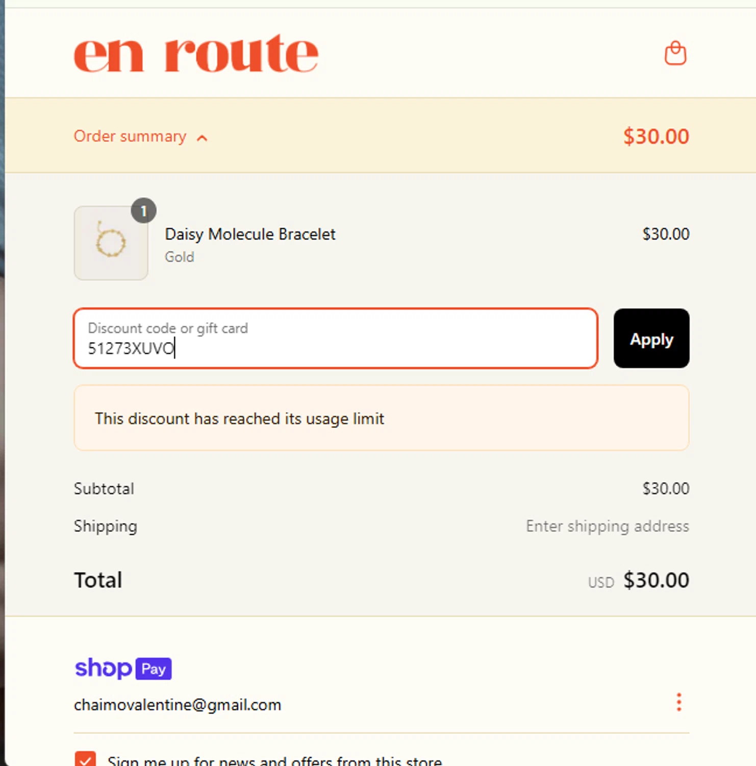 En Route Jewelry discount code screenshot showing code 51273XUVO applied at En Route Jewelry checkout page. Uploaded by SimplyCodes community member Juancarloscone361 on Mar 30, 2025