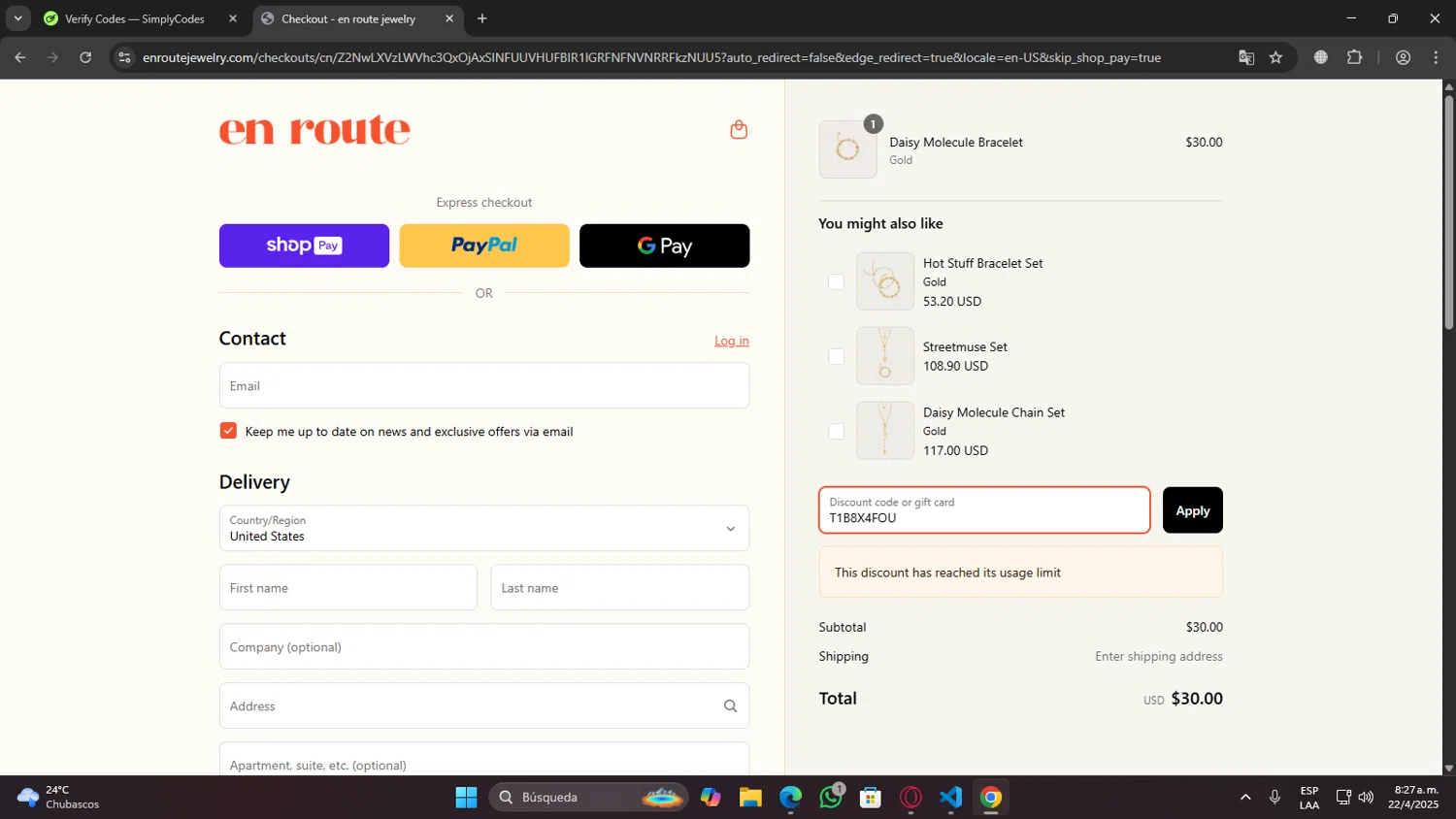 En Route Jewelry discount code screenshot showing code T1B8X4FOU applied at En Route Jewelry checkout page. Uploaded by SimplyCodes community member jechtff10 on Apr 22, 2025