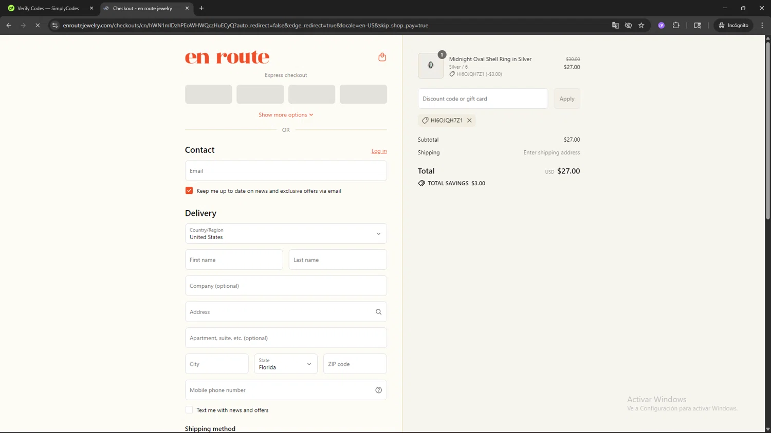 En Route Jewelry discount code screenshot showing code HI6OJQH7Z1 applied at En Route Jewelry checkout page. Uploaded by SimplyCodes community member AVAMUSTANG on Aug 14, 2025