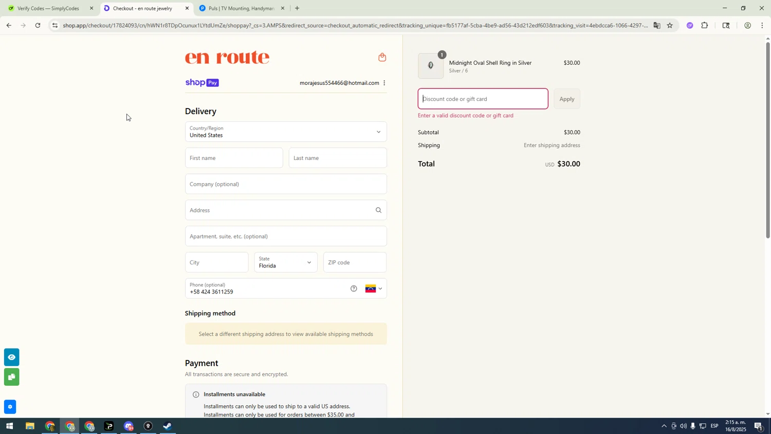 En Route Jewelry discount code screenshot showing code HI6OJQH7Z1 applied at En Route Jewelry checkout page. Uploaded by SimplyCodes community member sfdfgdsfgdfgdfg on Aug 16, 2025