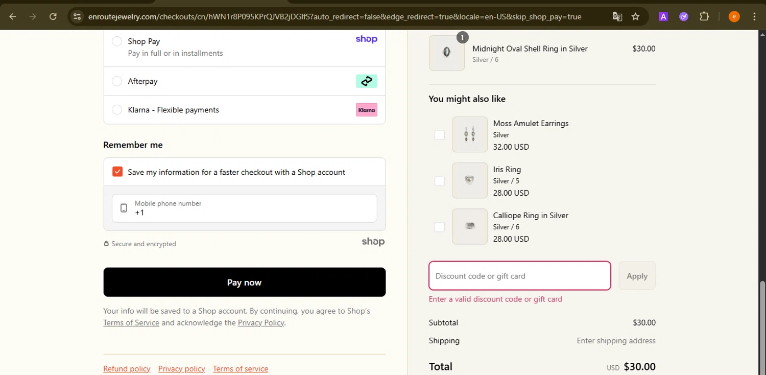 En Route Jewelry discount code screenshot showing code HI6OJQH7Z1 applied at En Route Jewelry checkout page. Uploaded by SimplyCodes community member NobleElite1598 on Aug 16, 2025