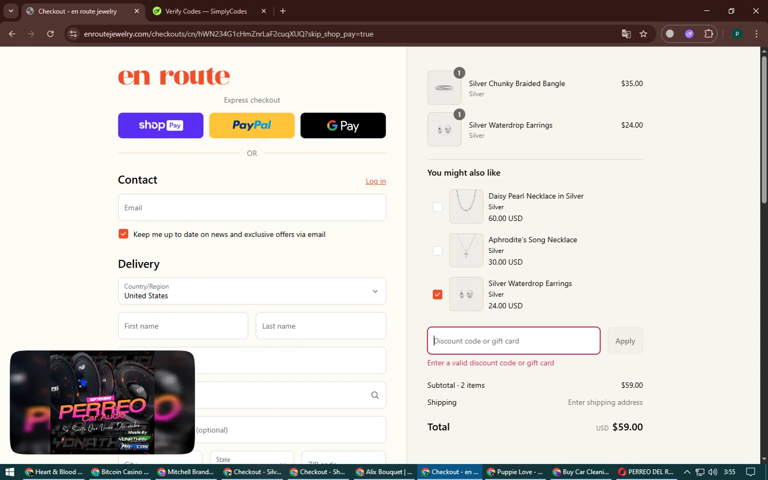 En Route Jewelry discount code screenshot showing code HI5VQZI6Z6 applied at En Route Jewelry checkout page. Uploaded by SimplyCodes community member ExtraordinaryVirtuoso6801 on Aug 21, 2025