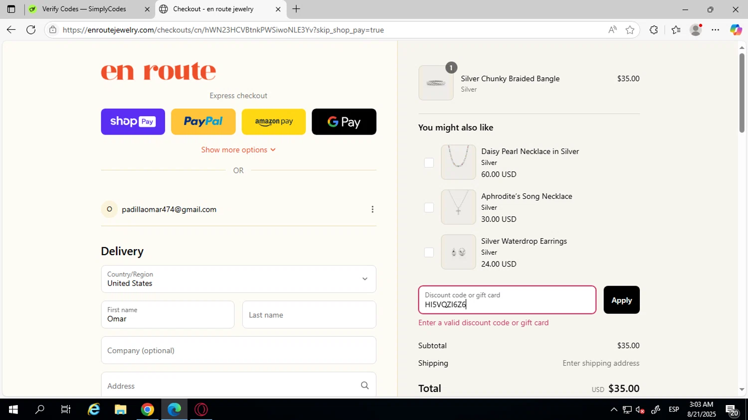 En Route Jewelry discount code screenshot showing code HI5VQZI6Z6 applied at En Route Jewelry checkout page. Uploaded by SimplyCodes community member SilverVirtuoso7221 on Aug 21, 2025