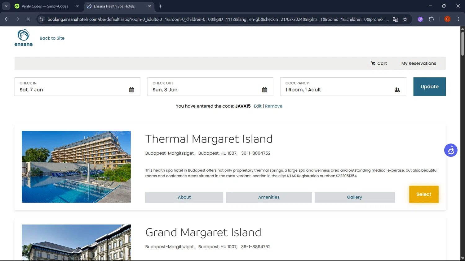 Ensana Hotels discount code screenshot showing code JAVA15 applied at Ensana Hotels checkout page. Uploaded by SimplyCodes community member RoyalSaver3150 on Jun 7, 2025