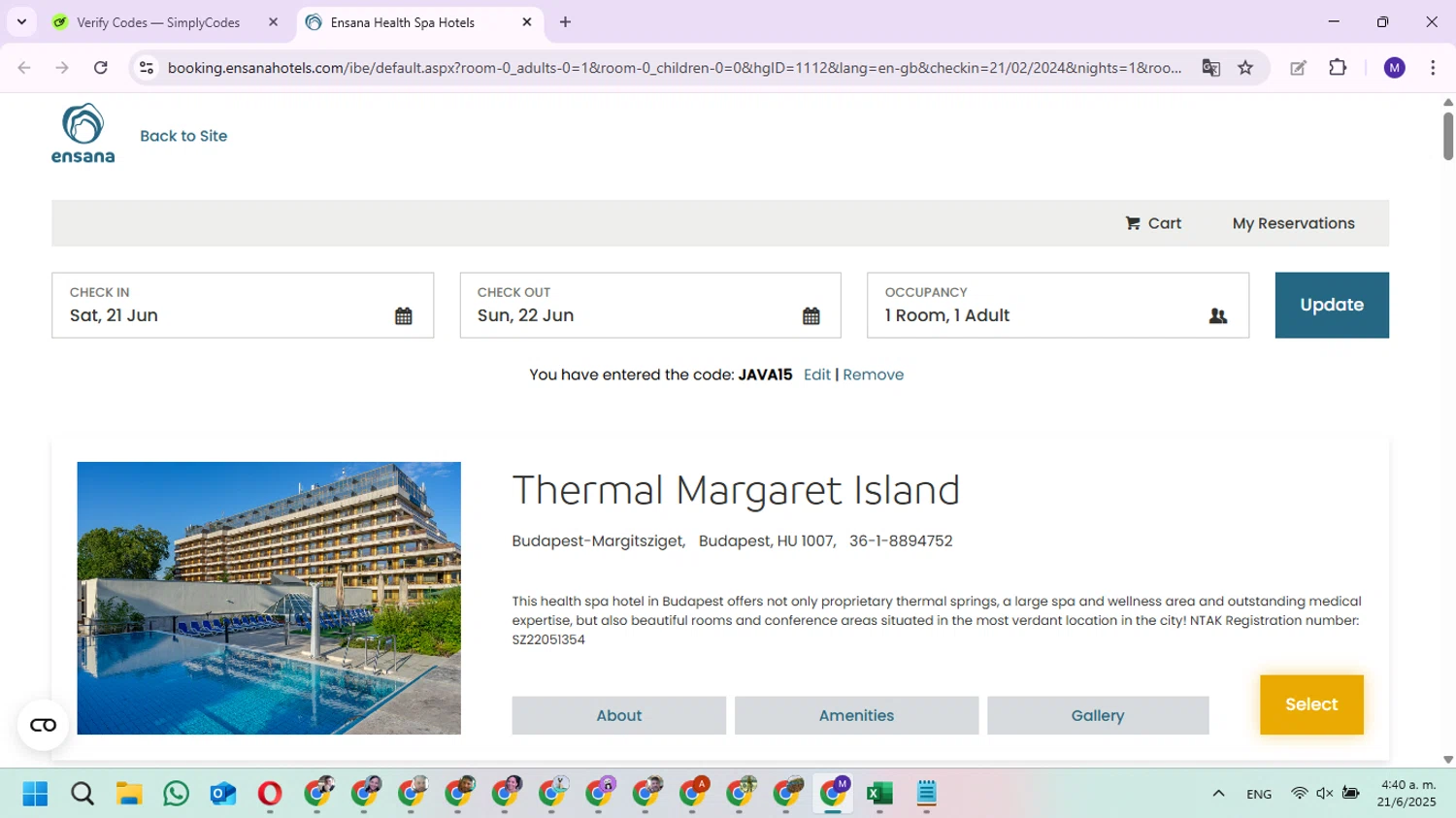 Ensana Hotels discount code screenshot showing code JAVA15 applied at Ensana Hotels checkout page. Uploaded by SimplyCodes community member Fundolaroca on Jun 21, 2025