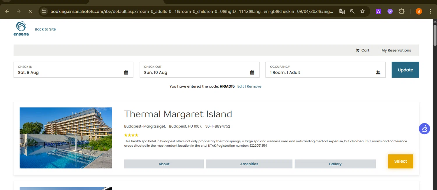 Ensana Hotels discount code screenshot showing code HIGAD15 applied at Ensana Hotels checkout page. Uploaded by SimplyCodes community member PennyAdmiral6960 on Aug 9, 2025