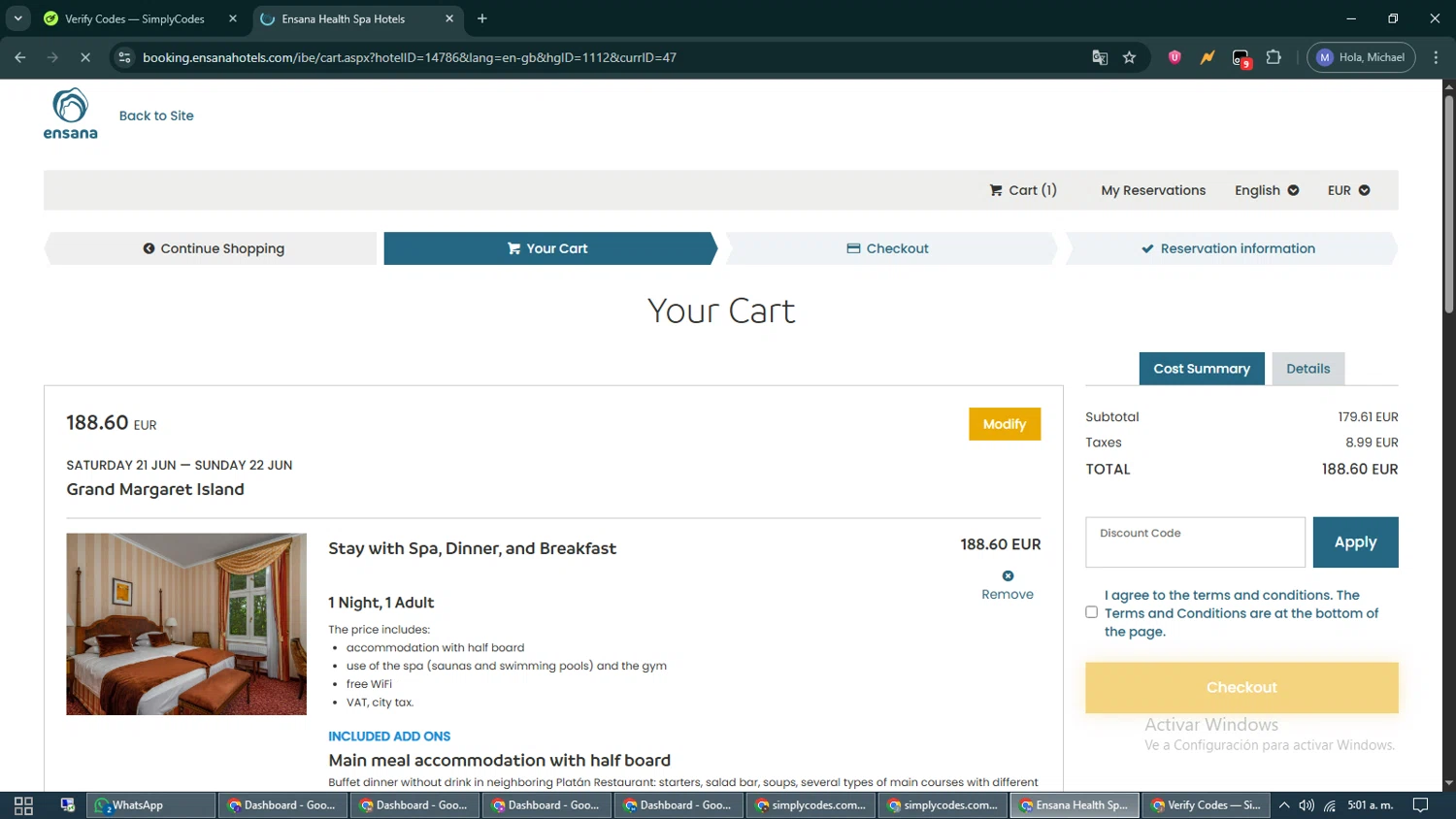 Ensana Hotels discount code screenshot showing code HIGAD15 applied at Ensana Hotels checkout page. Uploaded by SimplyCodes community member VoucherCurator824 on Jun 21, 2025