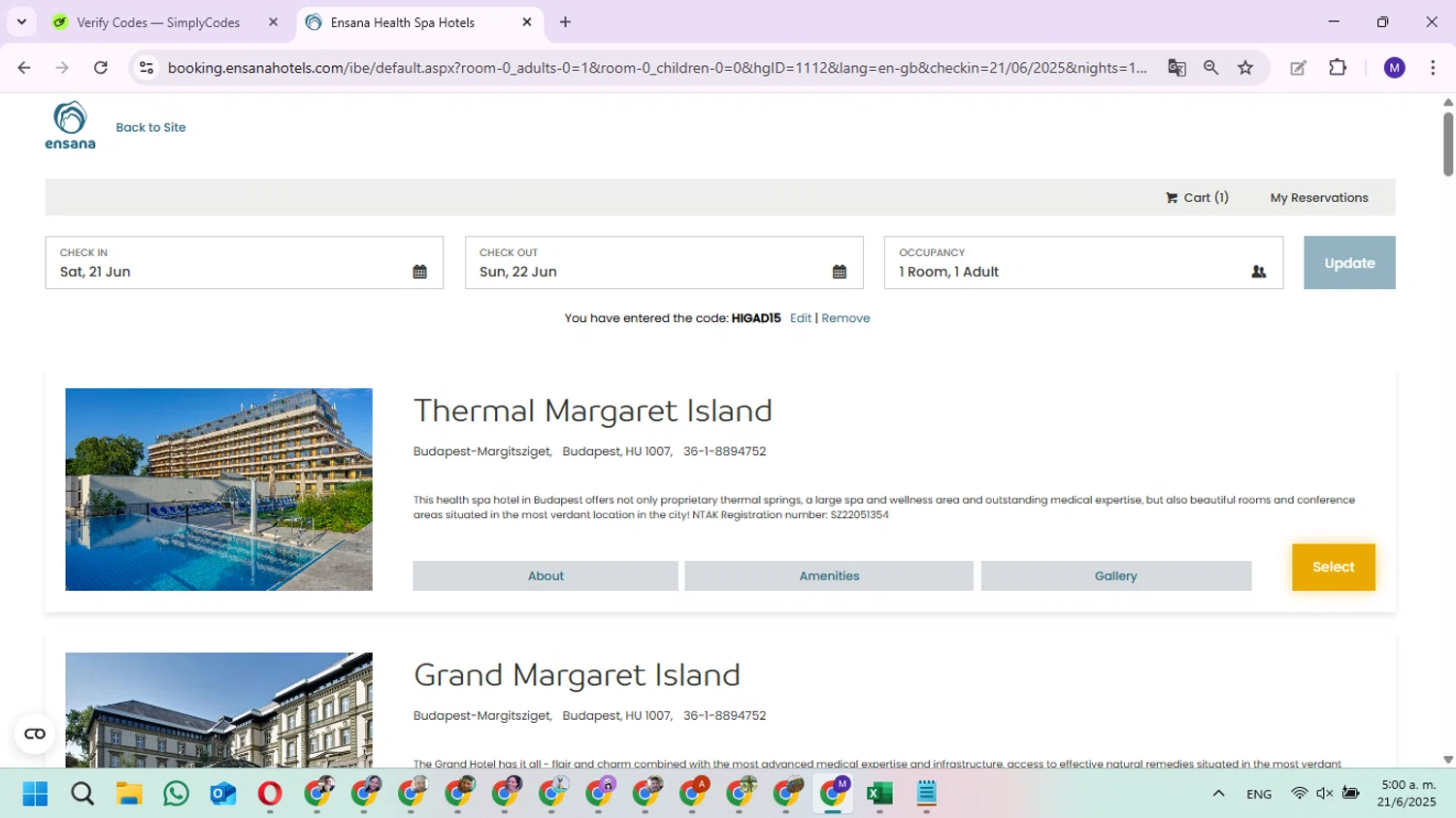 Ensana Hotels discount code screenshot showing code HIGAD15 applied at Ensana Hotels checkout page. Uploaded by SimplyCodes community member Fundolaroca on Jun 21, 2025