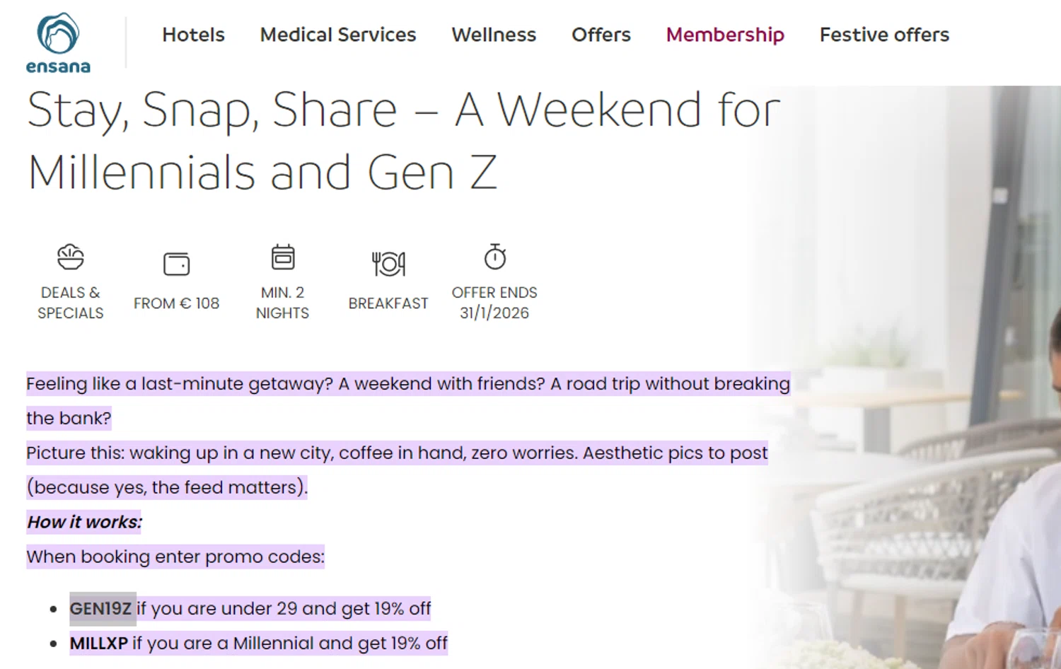 Ensana Hotels discount code screenshot showing code GEN19Z applied at Ensana Hotels checkout page. Uploaded by SimplyCodes community member Alofoke on Jan 2, 2026
