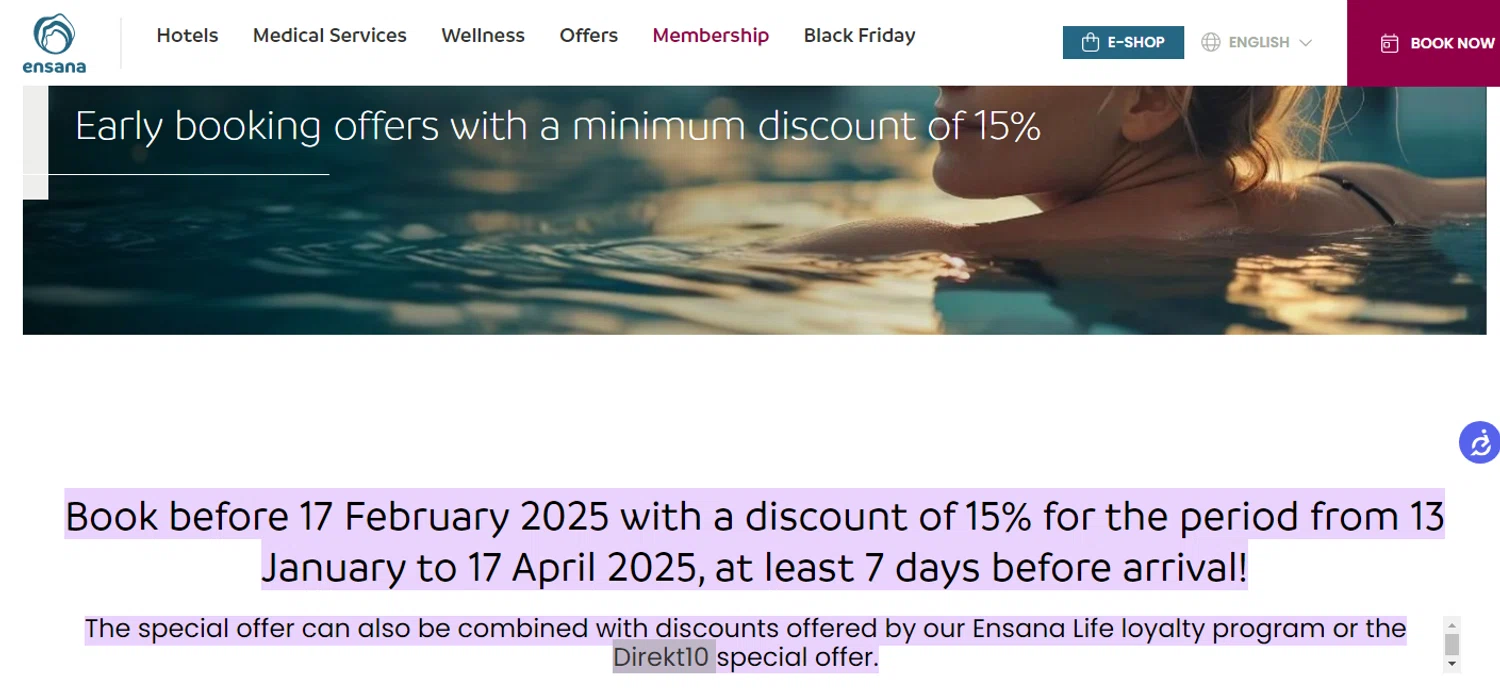 Ensana Hotels discount code screenshot showing code Direkt10 applied at Ensana Hotels checkout page. Uploaded by SimplyCodes community member Alofoke on Nov 26, 2025