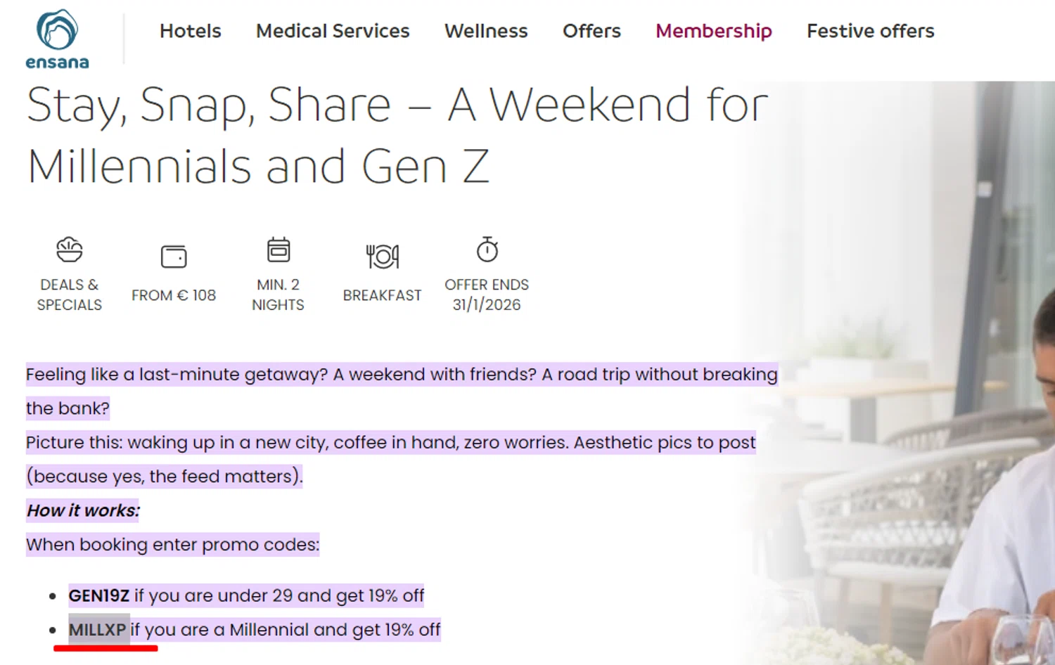 Ensana Hotels discount code screenshot showing code MILLXP applied at Ensana Hotels checkout page. Uploaded by SimplyCodes community member Alofoke on Jan 2, 2026