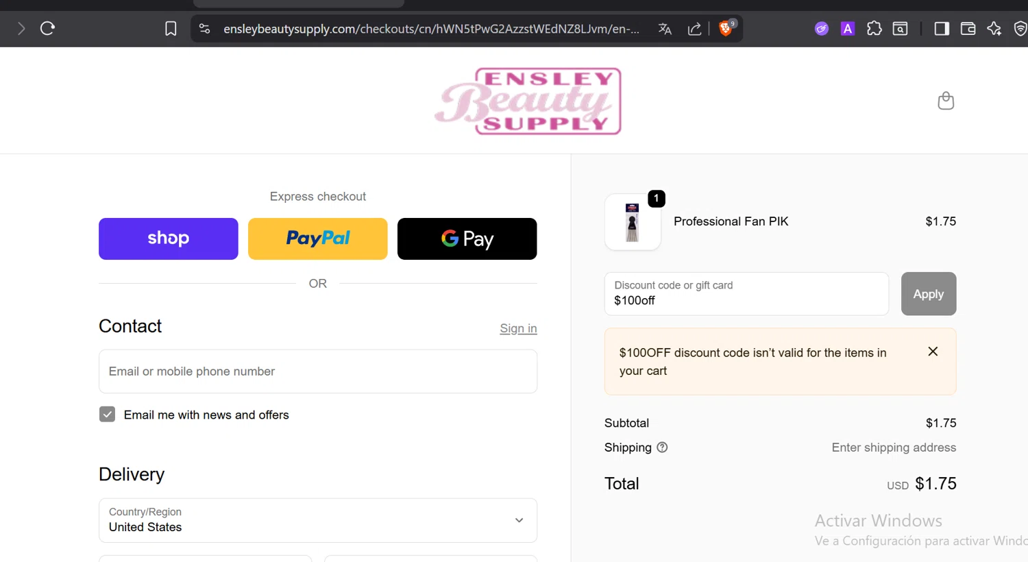 Ensley Beauty Supply promo code screenshot showing code $100off applied at Ensley Beauty Supply checkout page. Uploaded by SimplyCodes community member CashElite5536 on Nov 30, 2025