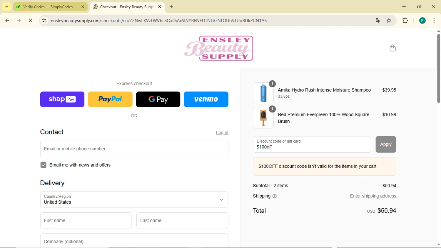 Ensley Beauty Supply promo code screenshot showing code $100off applied at Ensley Beauty Supply checkout page. Uploaded by SimplyCodes community member BargainMonarch6495 on Apr 28, 2025
