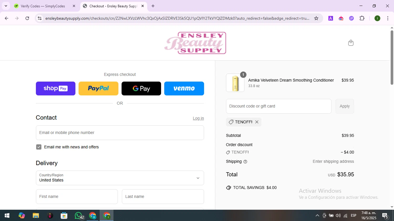 Ensley Beauty Supply promo code screenshot showing code TENOFF! applied at Ensley Beauty Supply checkout page. Uploaded by SimplyCodes community member LuckyNavigator1490 on May 16, 2025