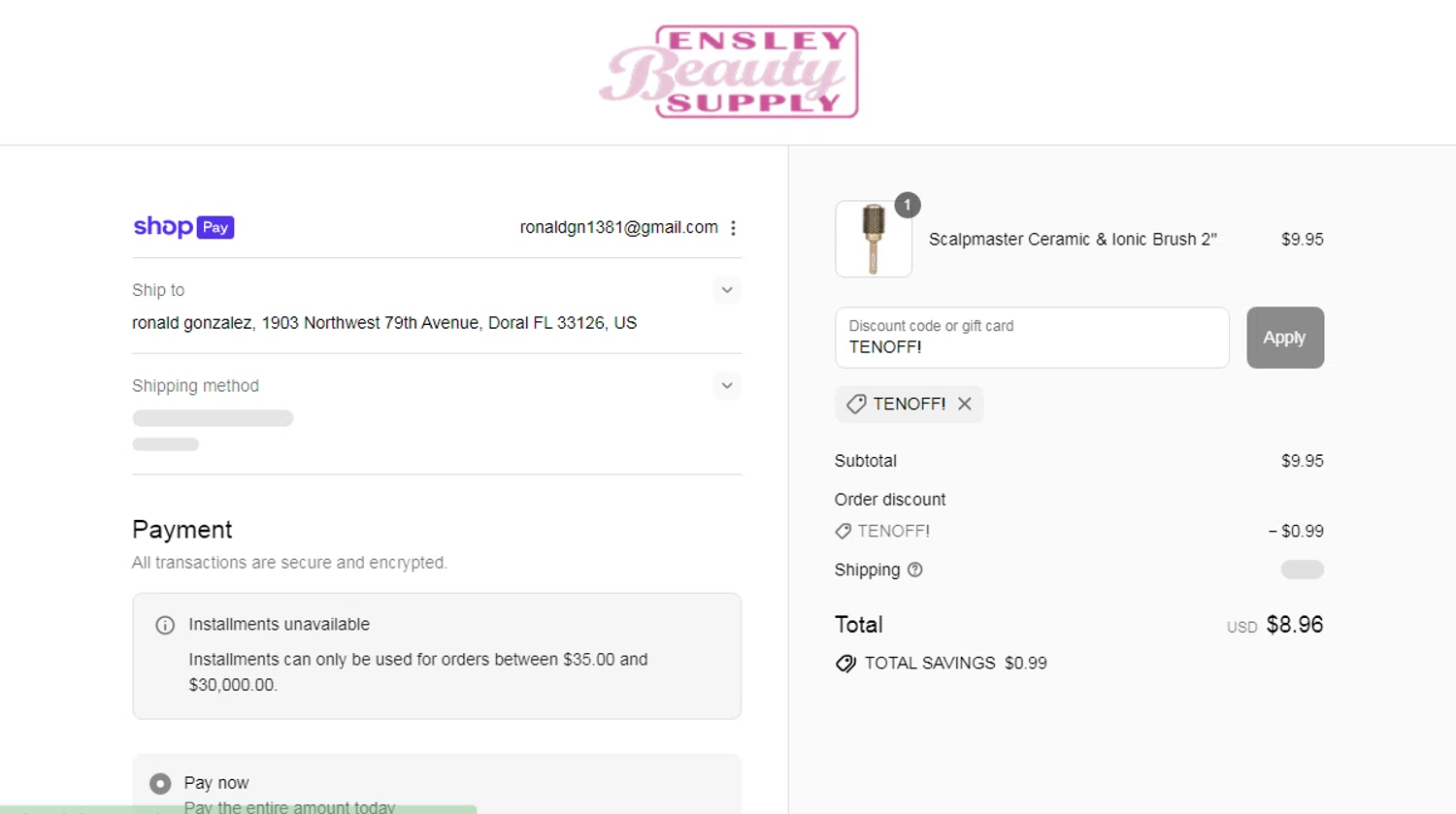 Ensley Beauty Supply promo code screenshot showing code TENOFF! applied at Ensley Beauty Supply checkout page. Uploaded by SimplyCodes community member Yuskeilyn20 on Aug 13, 2025