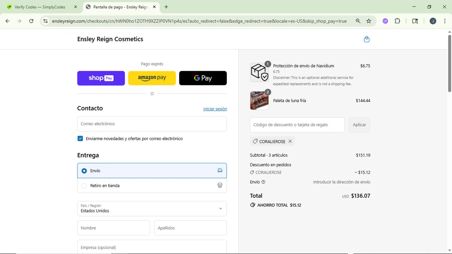 Ensley Reign Cosmetics discount code screenshot showing code CORALIEROSE applied at Ensley Reign Cosmetics checkout page. Uploaded by SimplyCodes community member GloriousCollector9930 on Jul 16, 2025