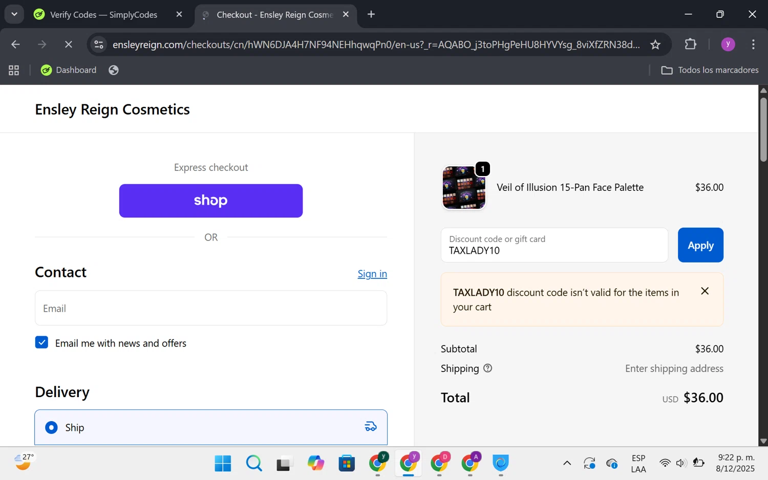 Ensley Reign Cosmetics discount code screenshot showing code TAXLADY10 applied at Ensley Reign Cosmetics checkout page. Uploaded by SimplyCodes community member FrugalKnight6753 on Dec 9, 2025