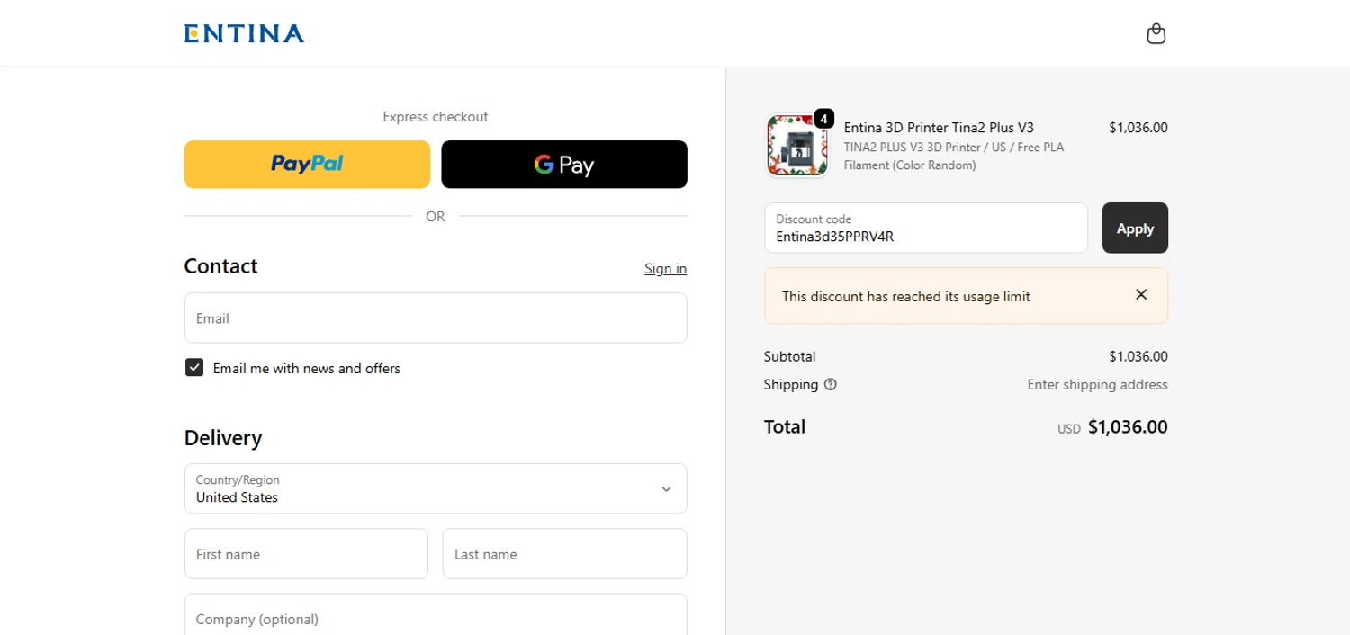 ENTINA 3D promo code screenshot showing code Entina3d35PPRV4R applied at ENTINA 3D checkout page. Uploaded by SimplyCodes community member CashAce9852 on Dec 15, 2025