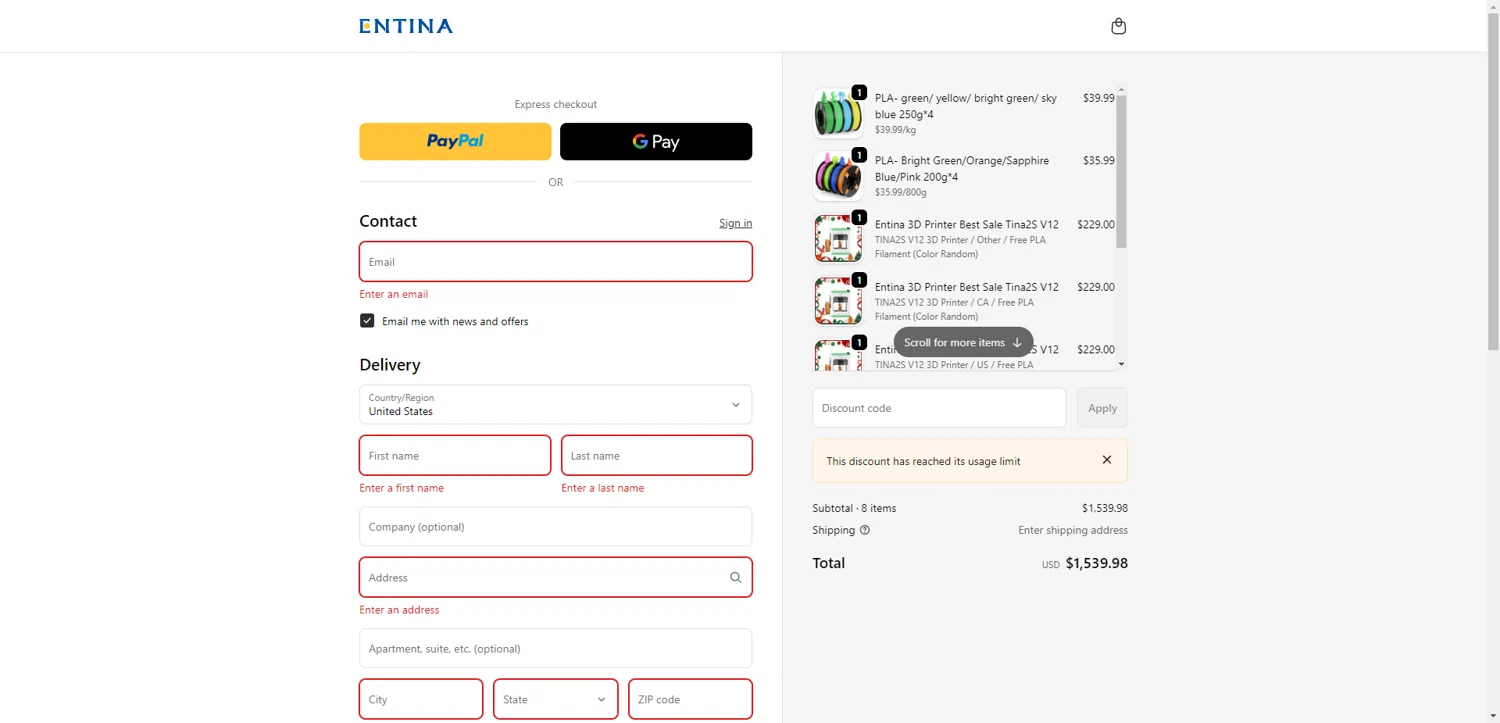 ENTINA 3D promo code screenshot showing code Entina3dSM4NLZVQ applied at ENTINA 3D checkout page. Uploaded by SimplyCodes community member CleverHawk1744 on Dec 22, 2025