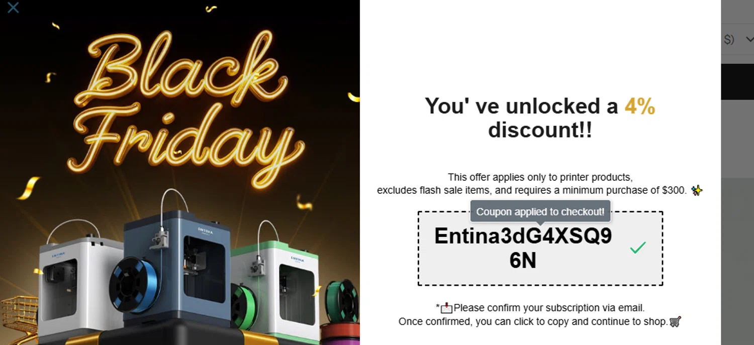 ENTINA 3D promo code screenshot showing code Entina3dG4XSQ96N applied at ENTINA 3D checkout page. Uploaded by SimplyCodes community member ashe1986 on Dec 9, 2025