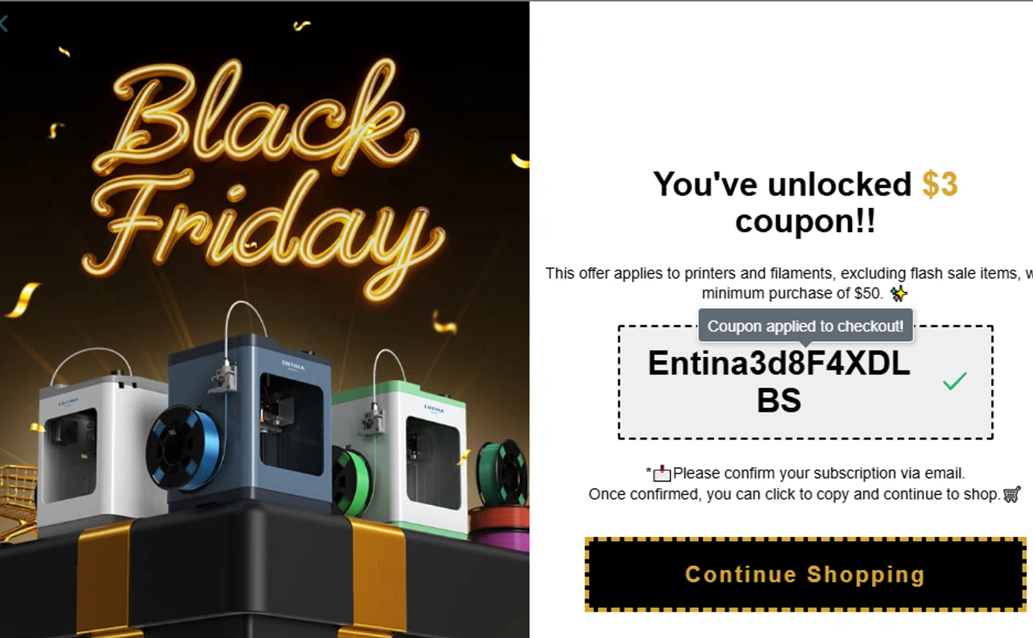 ENTINA 3D promo code screenshot showing code Entina3d8F4XDLBS applied at ENTINA 3D checkout page. Uploaded by SimplyCodes community member ashe1986 on Dec 9, 2025