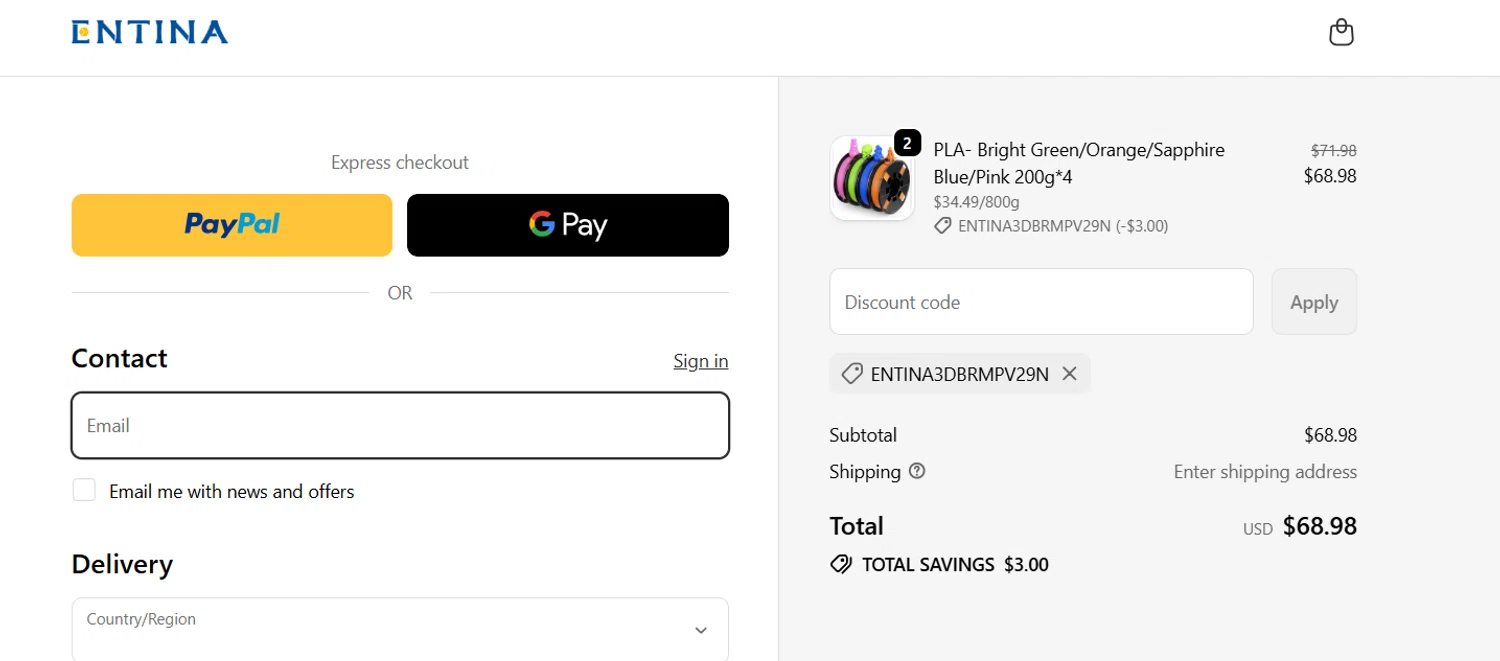 ENTINA 3D promo code screenshot showing code Entina3dBRMPV29N applied at ENTINA 3D checkout page. Uploaded by SimplyCodes community member josegarcia6 on Dec 29, 2025