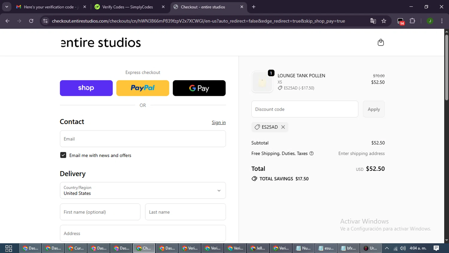 entire studios checkout page showing entire studios discount code box | Screenshot taken by SimplyCodes community member on Sep 20, 2025