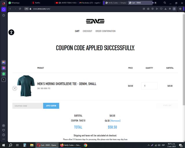 ENVE checkout page showing ENVE discount code box | Screenshot taken by SimplyCodes community member on Oct 2, 2023