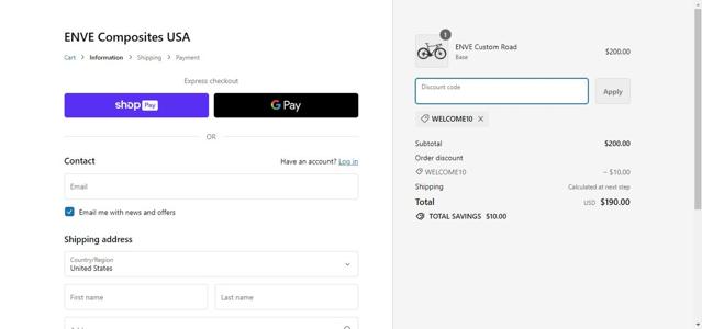 ENVE checkout page showing ENVE discount code box | Screenshot taken by SimplyCodes community member on Dec 10, 2023