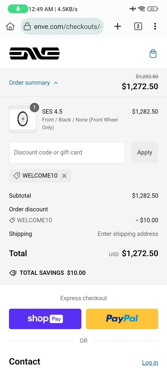 ENVE checkout page showing ENVE discount code box | Screenshot taken by SimplyCodes community member on Dec 14, 2024