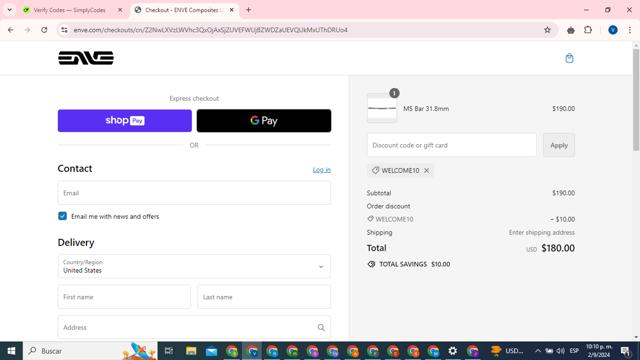 ENVE checkout page showing ENVE discount code box | Screenshot taken by SimplyCodes community member on Sep 3, 2024