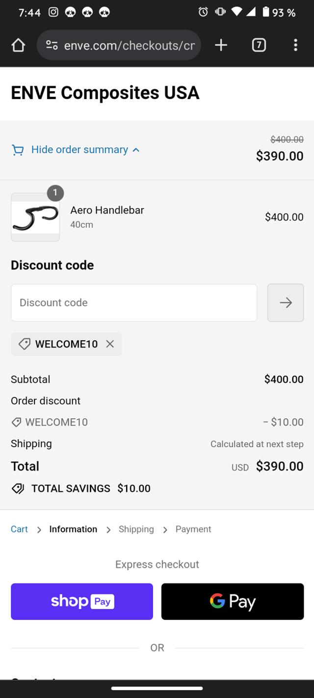 ENVE checkout page showing ENVE discount code box | Screenshot taken by SimplyCodes community member on Jan 8, 2024