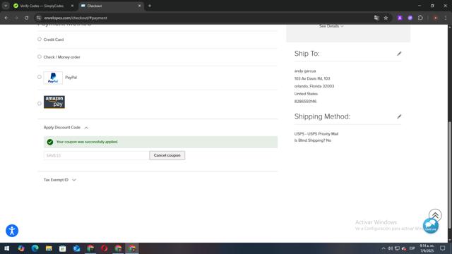 Envelopes.com checkout page showing Envelopes.com promo code box | Screenshot taken by SimplyCodes community member on Sep 7, 2025