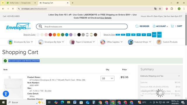 Envelopes.com checkout page showing Envelopes.com promo code box | Screenshot taken by SimplyCodes community member on Aug 29, 2025
