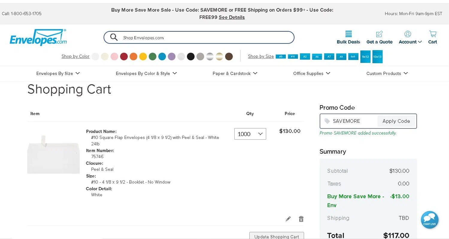 Envelopes.com promo code screenshot showing code SAVEMORE applied at Envelopes.com checkout page. Uploaded by SimplyCodes community member LAMINEJAMAL on May 19, 2026